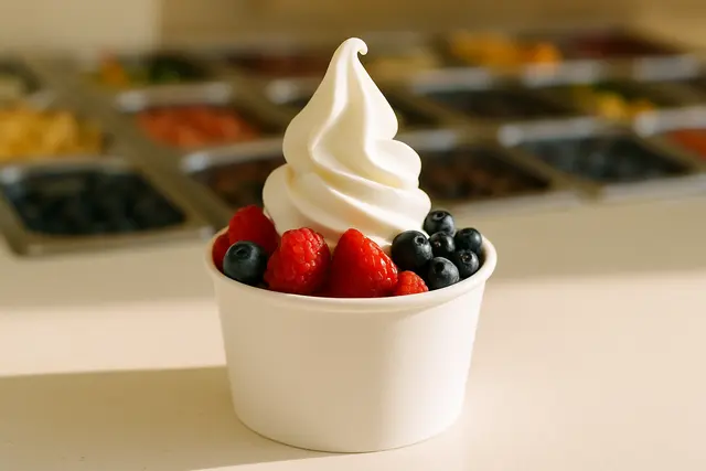 Paper cup of swirled frozen yogurt topped with fresh berries on a bright counter