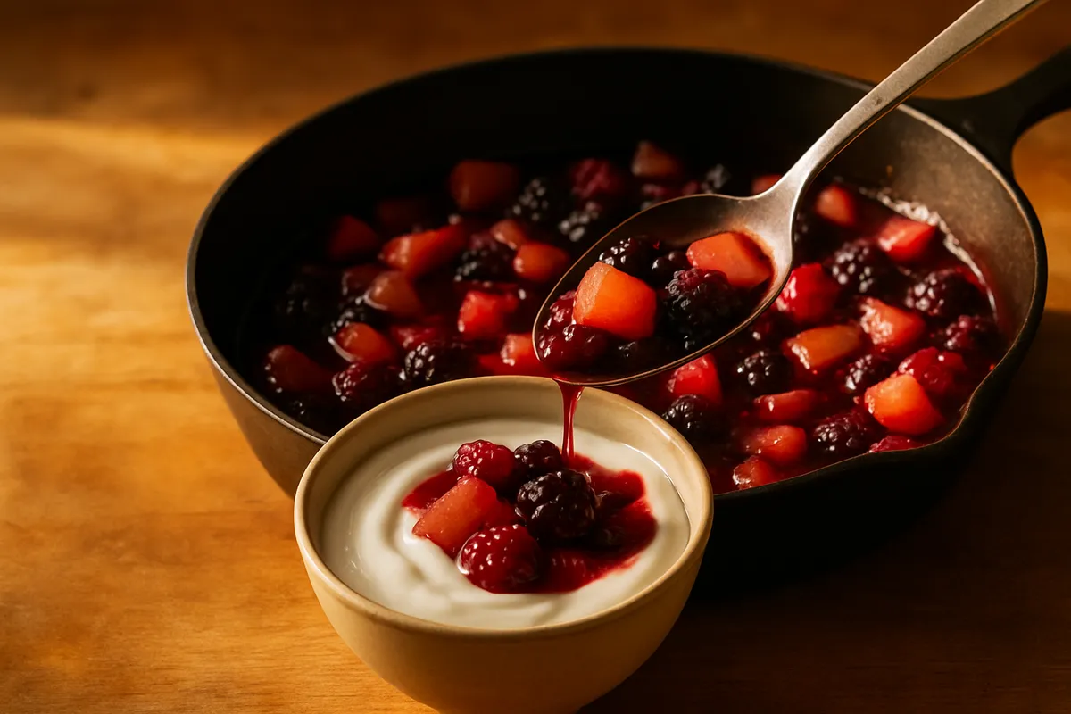 Pan of fruit compote with berries and pear pieces holding shape, spoon lifting some over yogurt