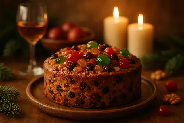 A fruitcake studded with candied cherries and nuts on a wooden plate beside lit candles and evergreen sprigs