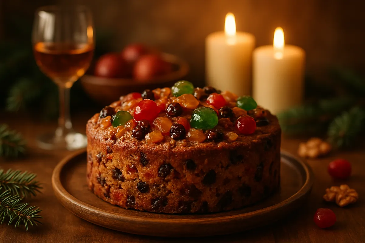 A fruitcake studded with candied cherries and nuts on a wooden plate beside lit candles and evergreen sprigs