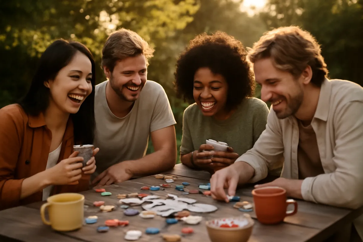 Group of friends laughing around a cluttered table outdoors in late afternoon light