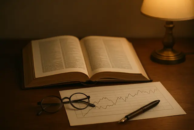 Open reference book of surnames beside a printed chart of rising and falling lines