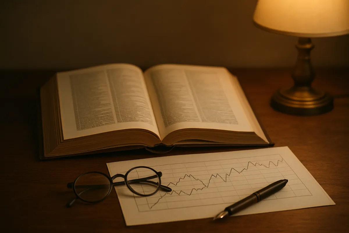 Open reference book of surnames beside a printed chart of rising and falling lines
