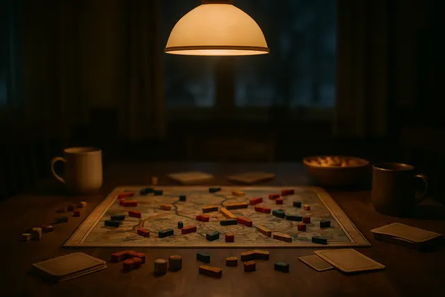 Board game mid-play on a dining table with wooden pieces, dice, cards, mugs and snacks