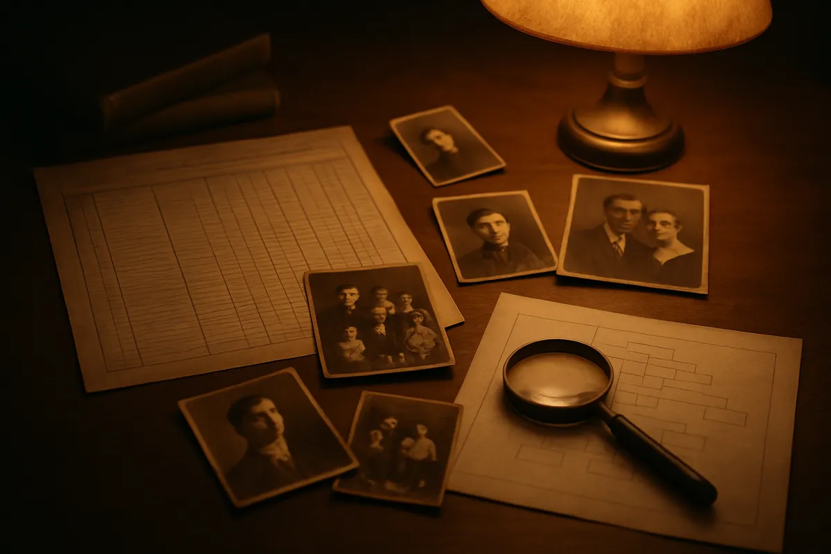 Old census page and sepia photographs spread on a table beside a magnifier and chart