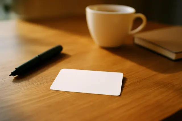 Blank adhesive name badge on a wooden desk beside an uncapped felt-tip pen and coffee