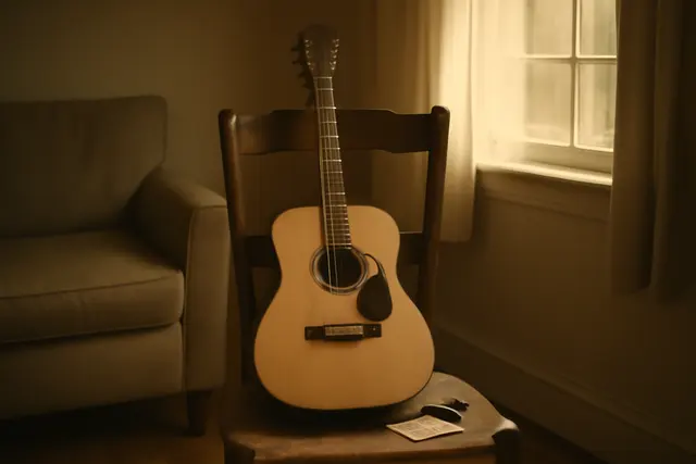 Acoustic guitar leaning against a chair with a capo and packet of strings on the seat