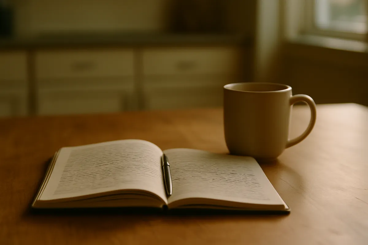 Open notebook filled with handwriting and a pen in the fold beside a mug