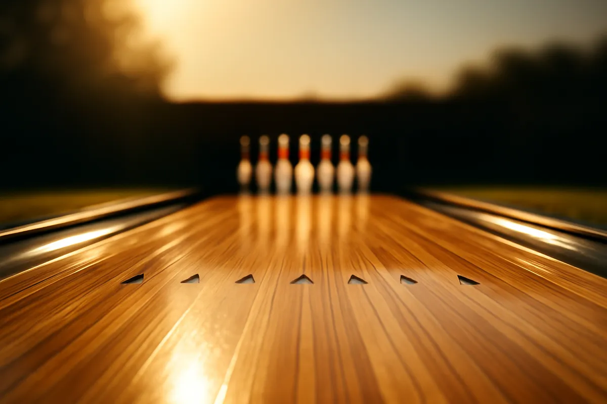 Bowling lane from behind the foul line with arrows on the boards and ten pins standing