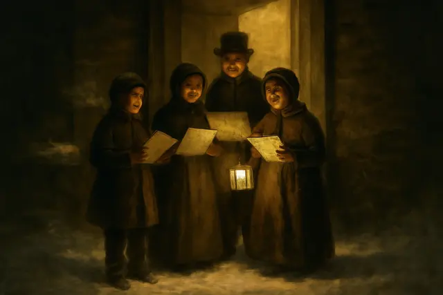 Group of carolers with a lantern on a snowy doorstep at night lit by an open door