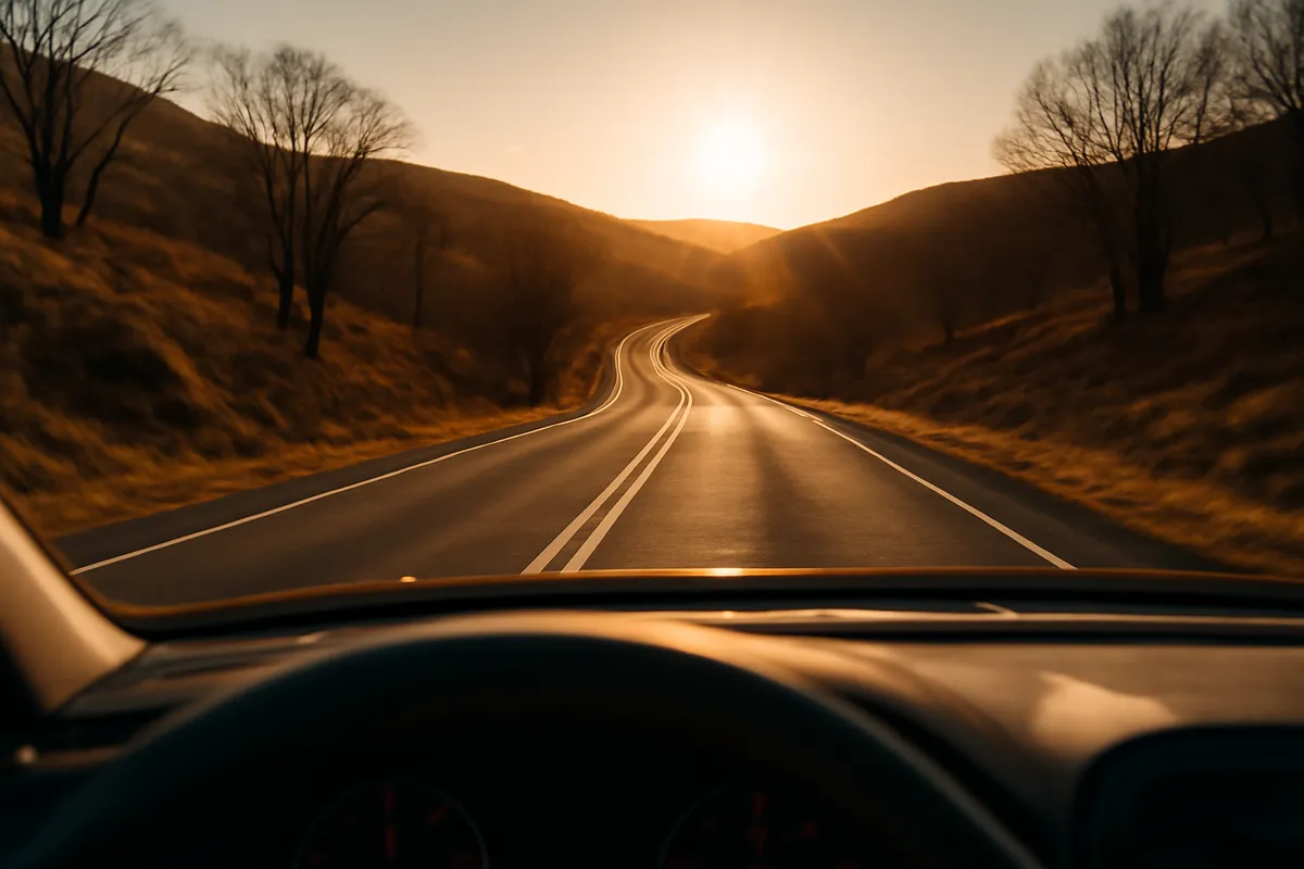 Two-lane road curving through bare autumn hills seen over a car dashboard at sunset