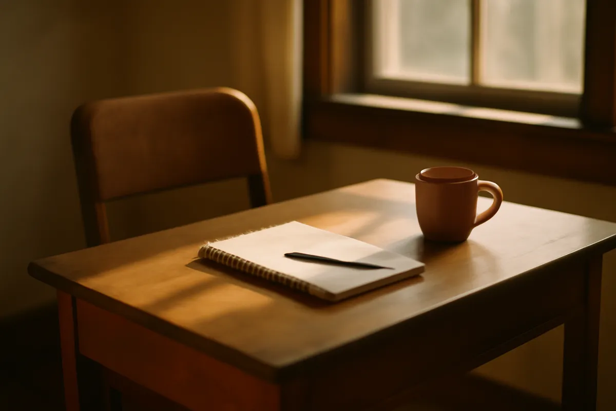 Abandoned desk with a half-finished notepad, a cooling mug and an empty chair pushed back