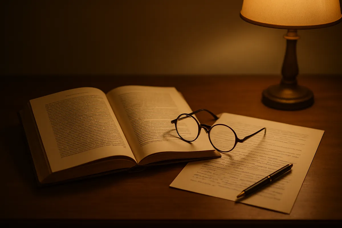 Open style manual on a desk beside a marked-up page, a pen and folded reading glasses