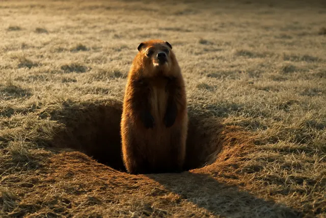 Groundhog upright at its burrow in a frosty field with a long shadow stretching behind