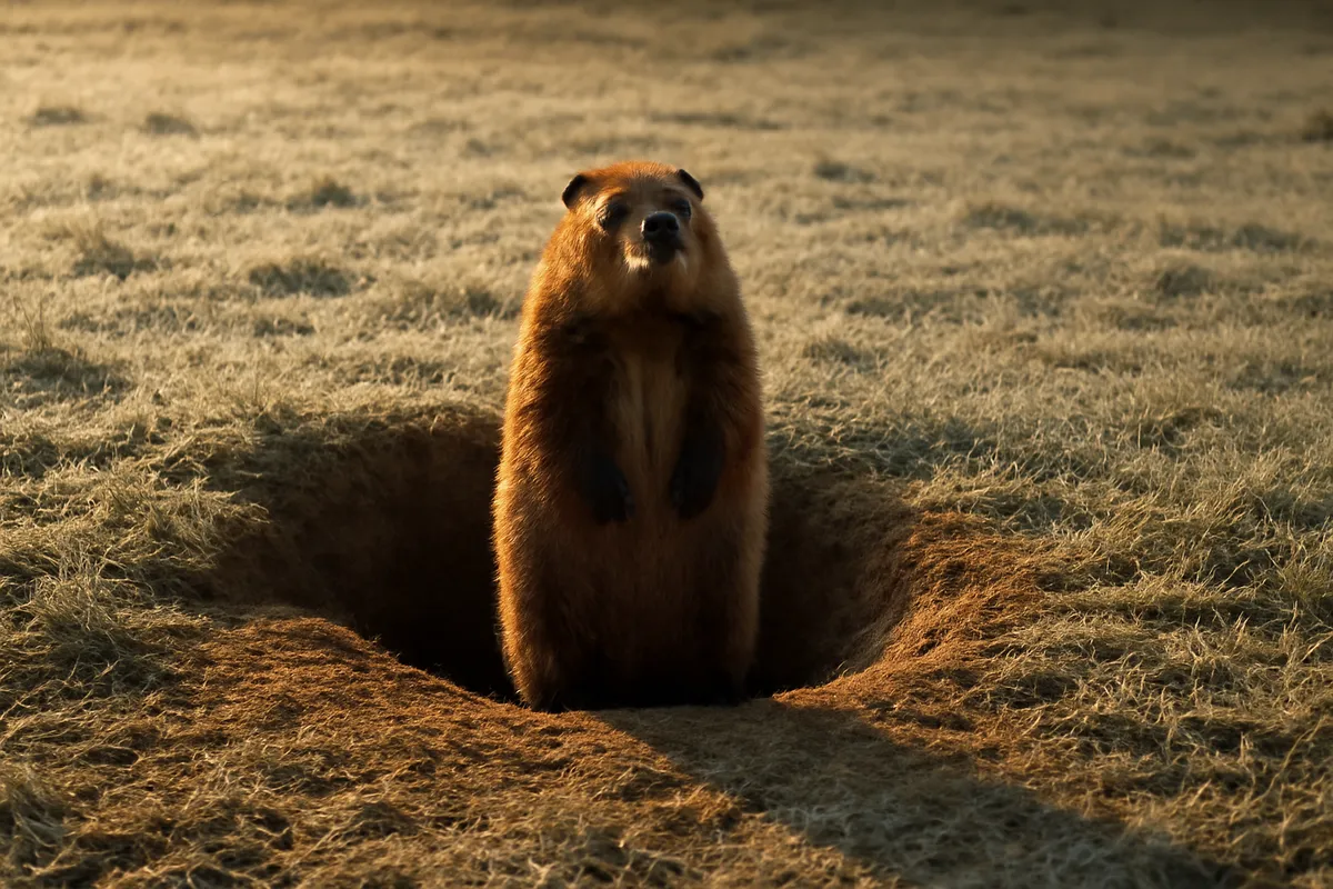 Groundhog upright at its burrow in a frosty field with a long shadow stretching behind