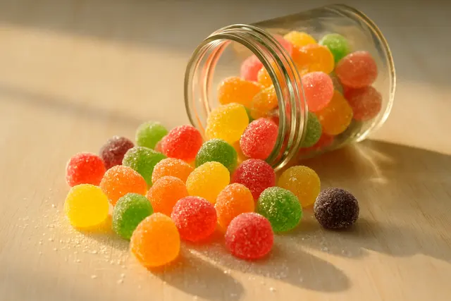 Glass jar spilling brightly colored sugar-coated jelly candies across a pale wooden surface