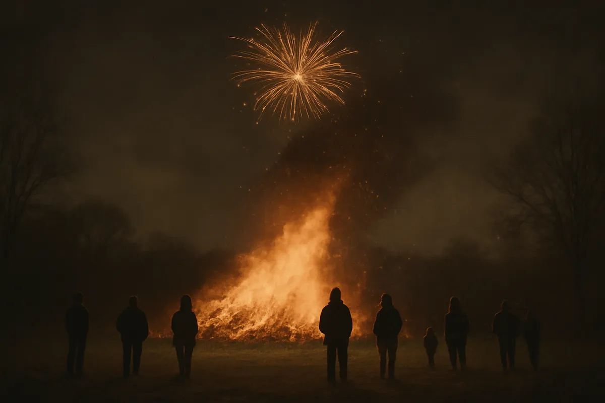 Large bonfire with rising sparks against a dark sky, silhouetted figures and a firework
