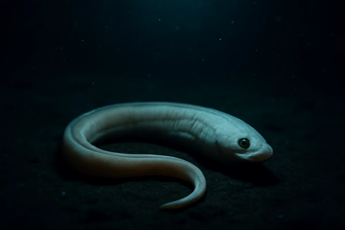 Pale eel-like fish curled against dark sediment on the deep ocean floor in dim blue light