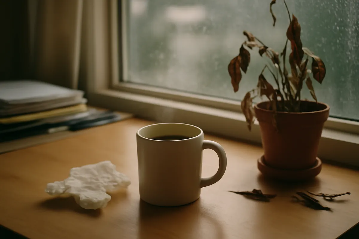 Mug of cold coffee on a cluttered desk by a rain-streaked window with a dying plant