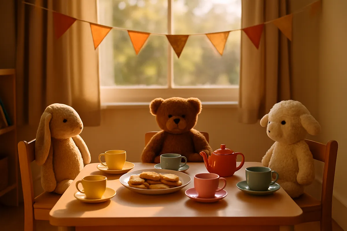 Child's table set for a tea party with mismatched cups and three soft toys in chairs