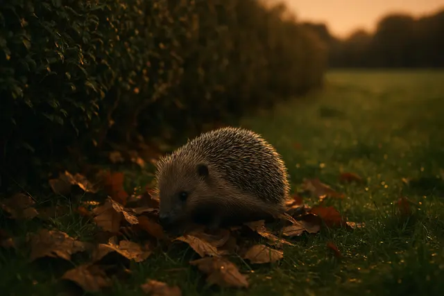Hedgehog snuffling through fallen leaves at the base of a garden hedge at dusk