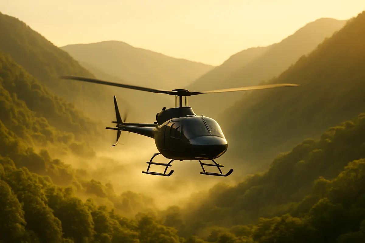 A helicopter hovering above a misty green mountain valley