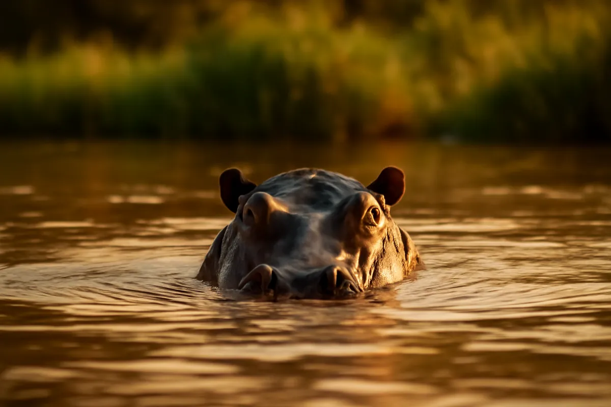 Hippopotamus submerged in a muddy river with only eyes, ears and nostrils above water