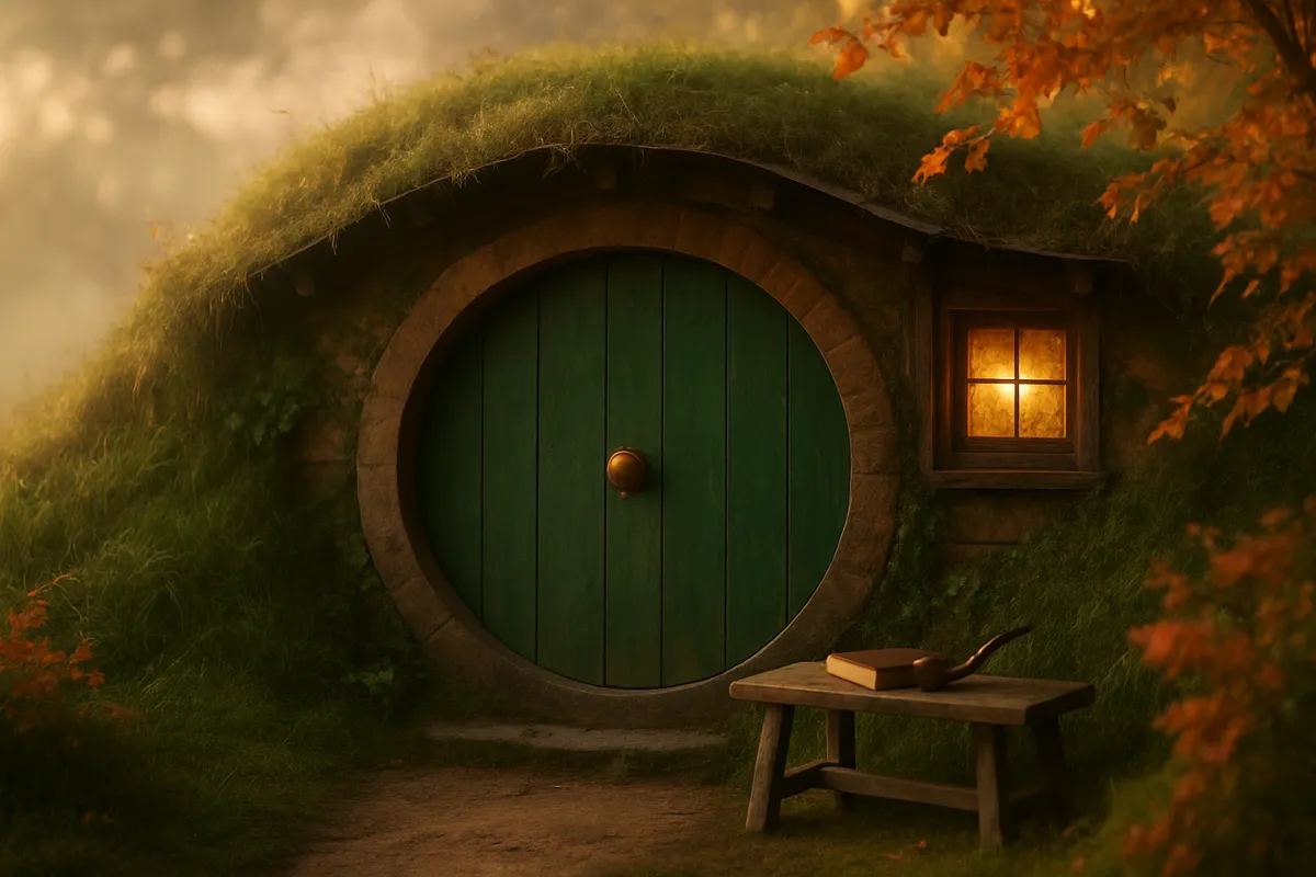 Round green door in a grassy hillside with a bench, pipe and book in golden autumn light