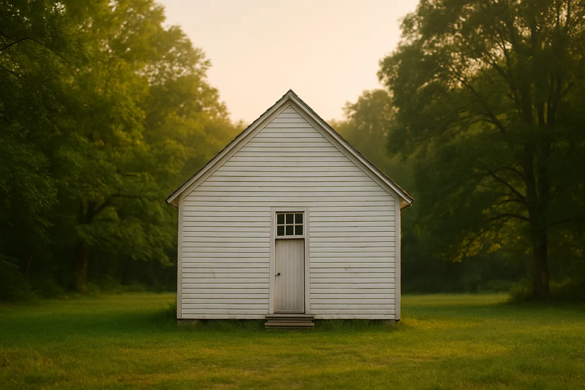 A plain whitewashed timber meetinghouse in a green clearing at dawn