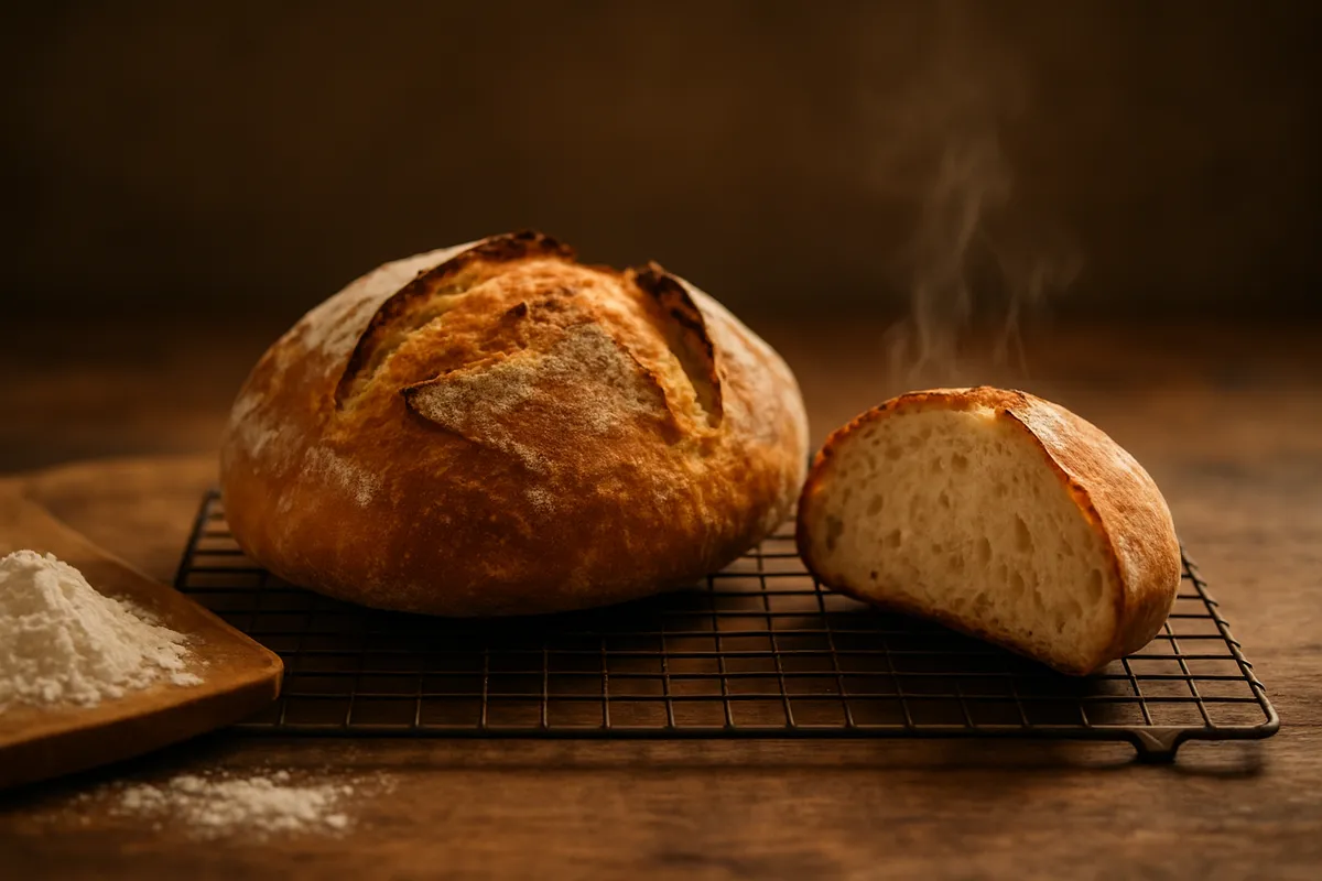 A golden homemade loaf cooling on a wire rack with flour on a wooden board