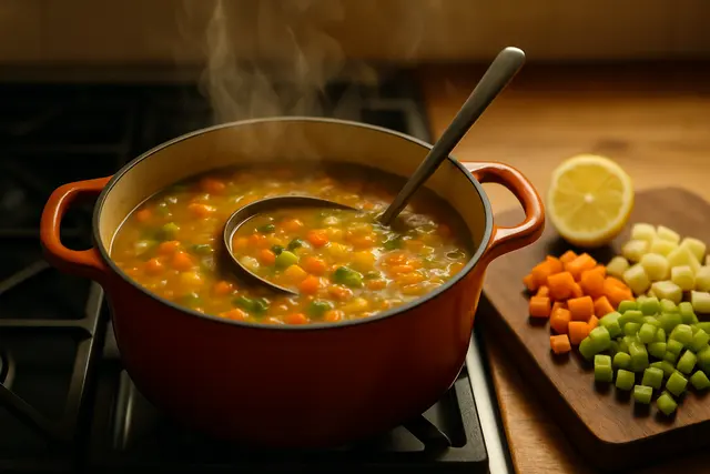 Heavy pot of thick vegetable soup with a ladle, beside chopped vegetables and a halved lemon