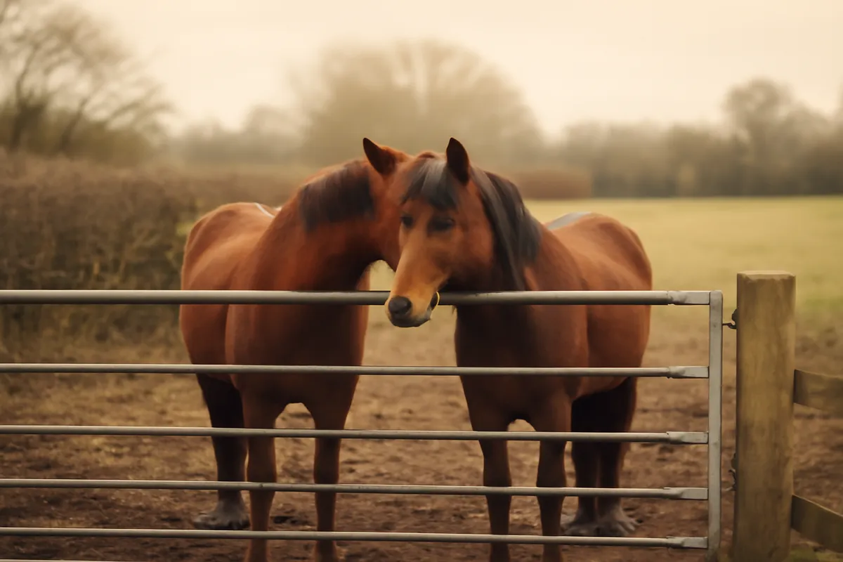Two horses standing together at a field gate with one resting its head over the other's back