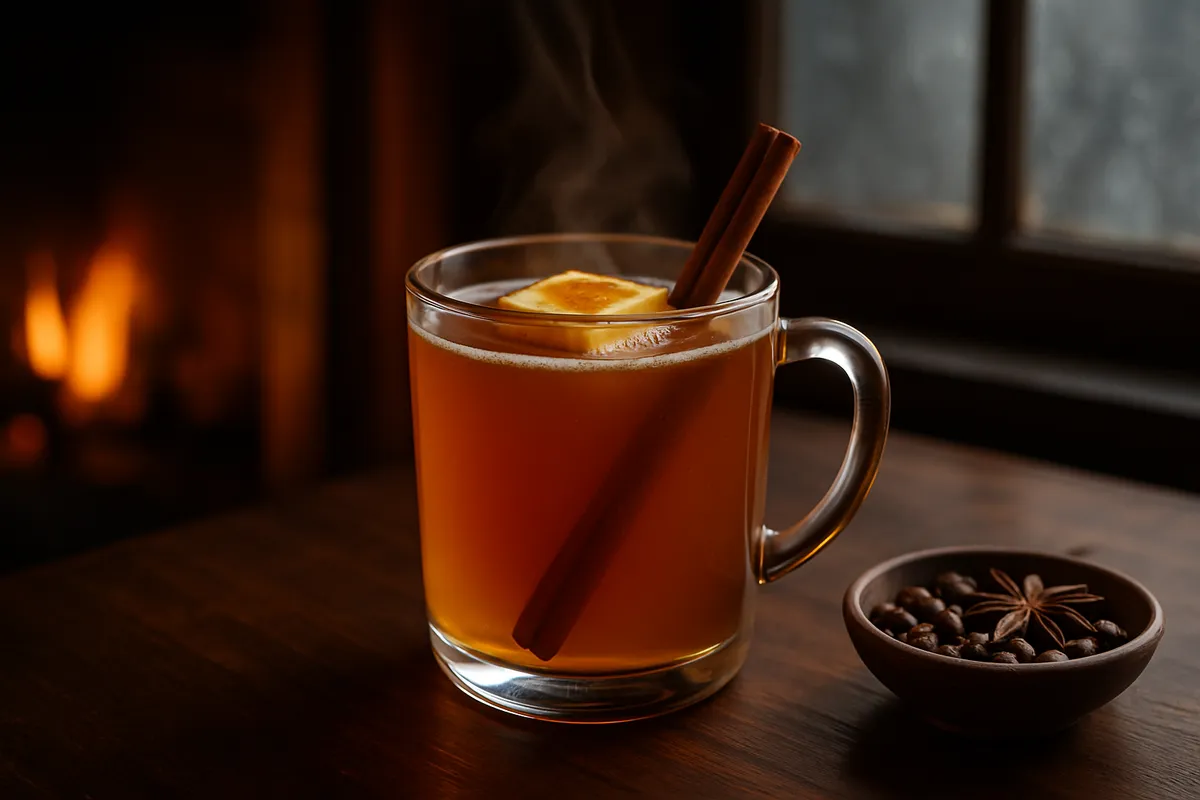 Steaming mug of hot buttered rum with melting spiced butter and a cinnamon stick