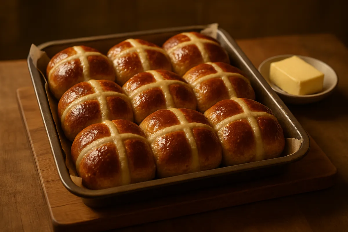 Tray of glazed hot cross buns fresh from the oven on a wooden board with butter
