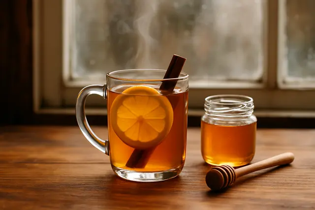 Handled glass of steaming amber toddy with lemon and cinnamon beside a honey jar