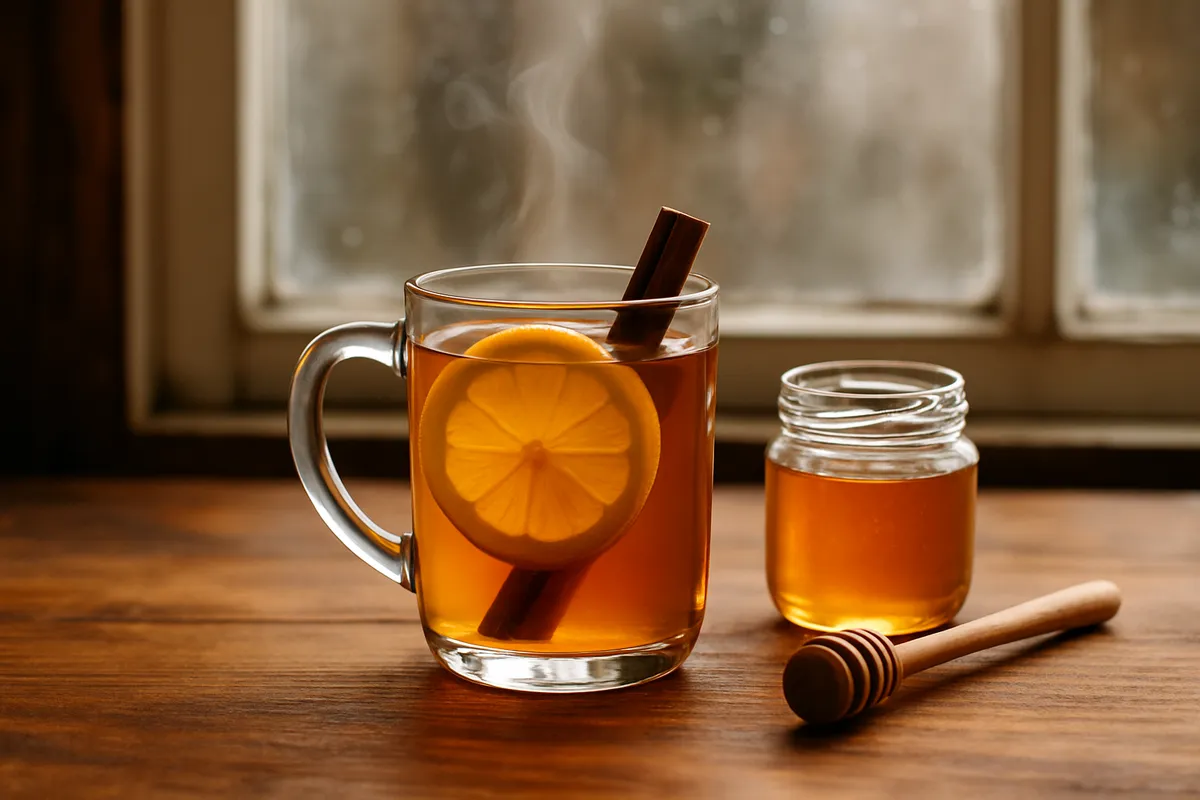 Handled glass of steaming amber toddy with lemon and cinnamon beside a honey jar