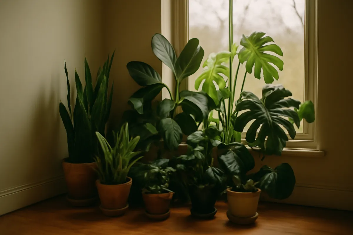 Cluster of leafy houseplants in mismatched pots on a windowsill in pale winter light