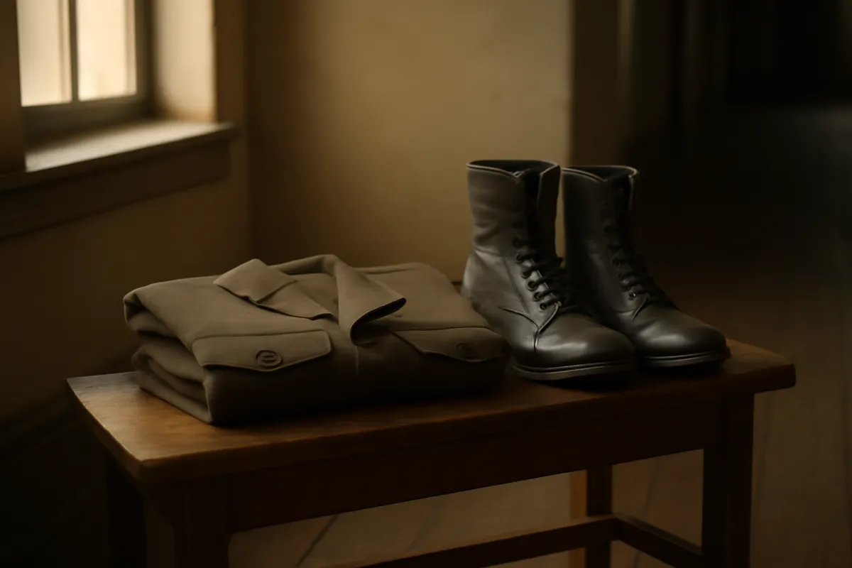 Folded uniform jacket and boots set neatly on a wooden bench in a quiet hallway