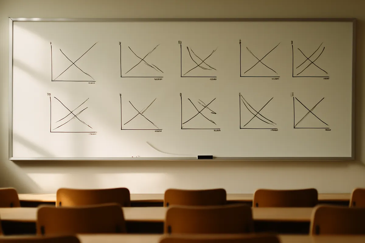 Whiteboard covered in hand-drawn curves with a marker on the ledge in an empty lecture hall