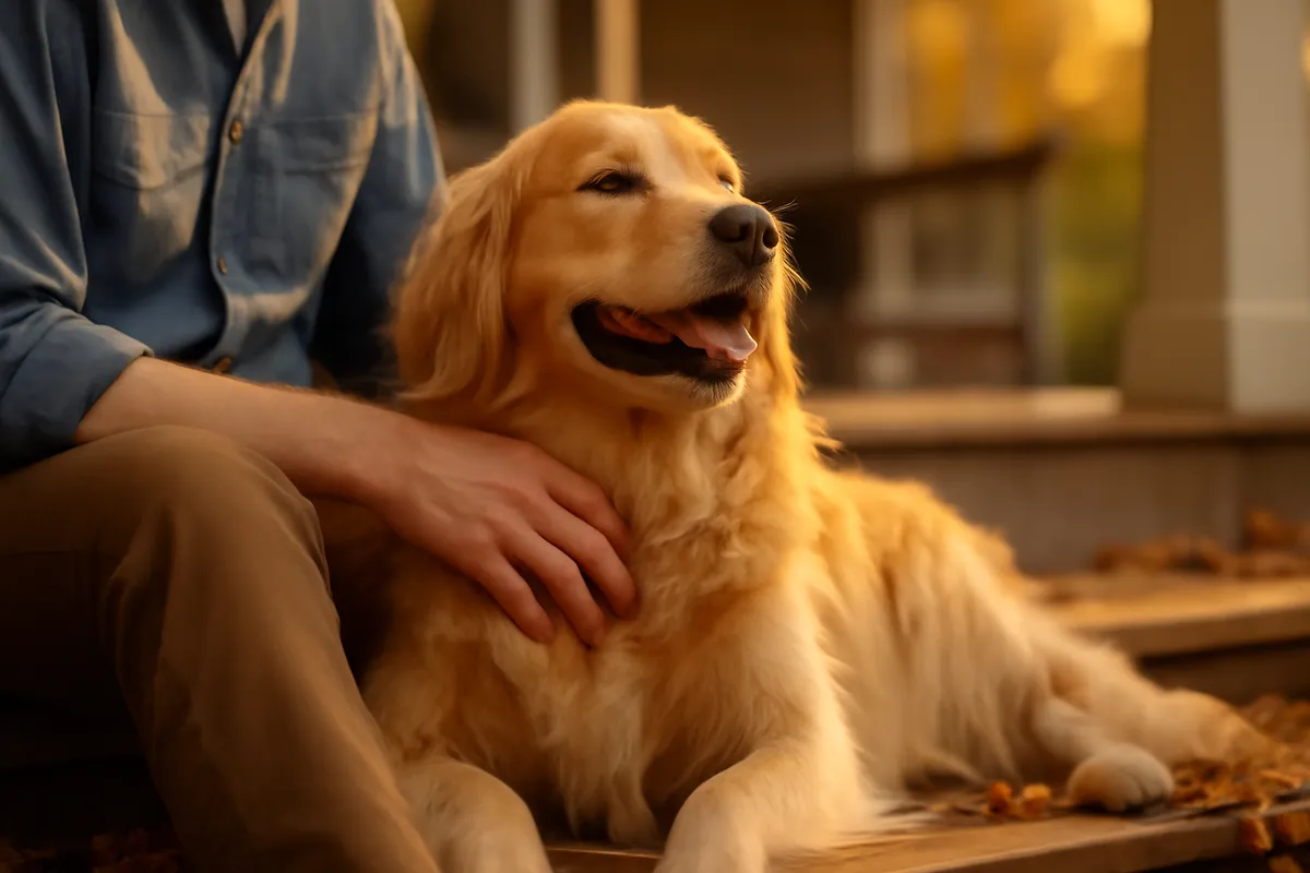 Relaxed golden retriever leaning against a seated person's leg on a sunlit porch step