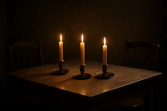 Three lit candles in simple holders on a plain wooden table with chairs drawn up