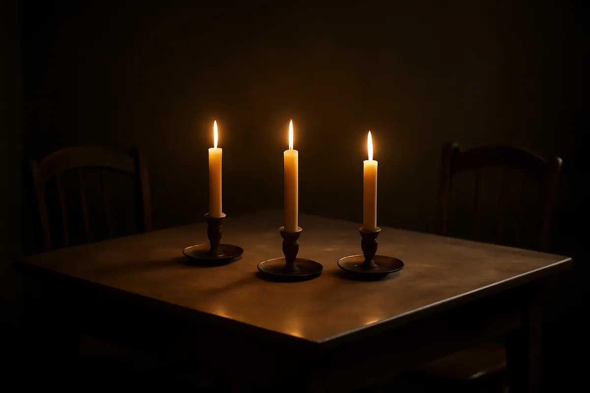 Three lit candles in simple holders on a plain wooden table with chairs drawn up