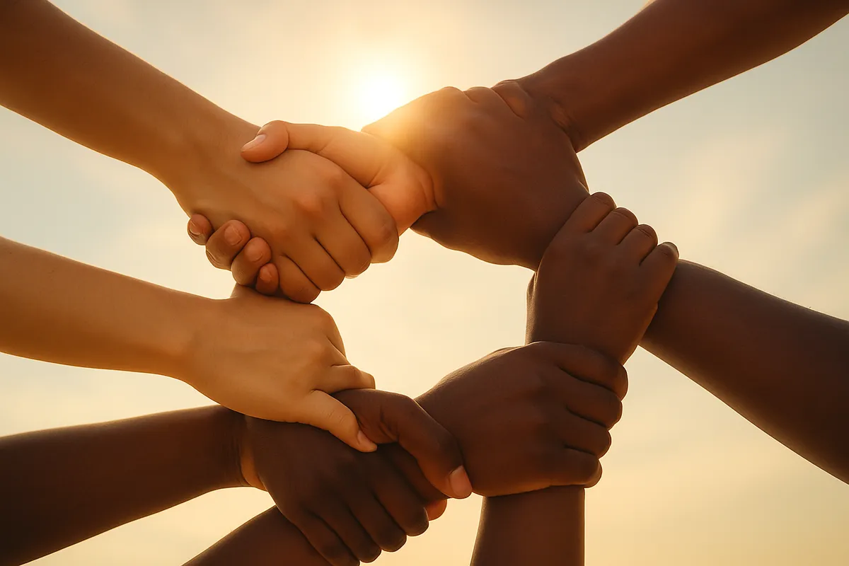 Diverse hands joined together in a circle against a bright sky