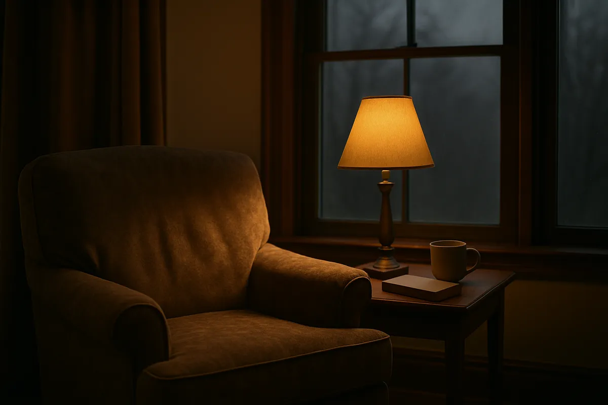 Worn armchair by a window with a closed book and cooling cup under a single lit lamp