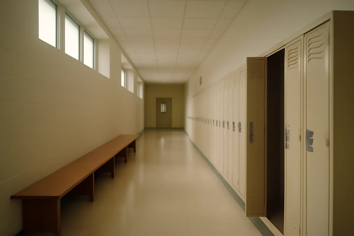 Empty school corridor with one open locker and a bench under high windows