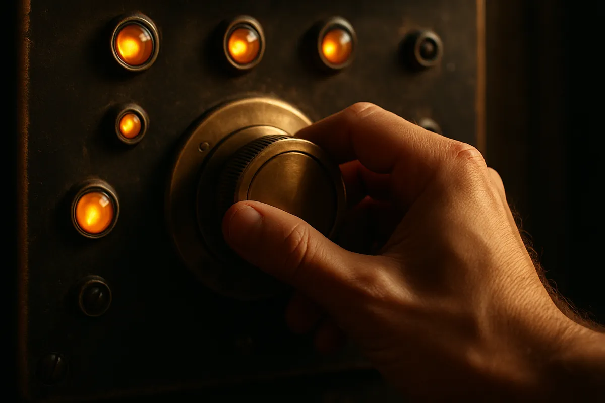 A hand turning a large brass dial on a vintage control panel
