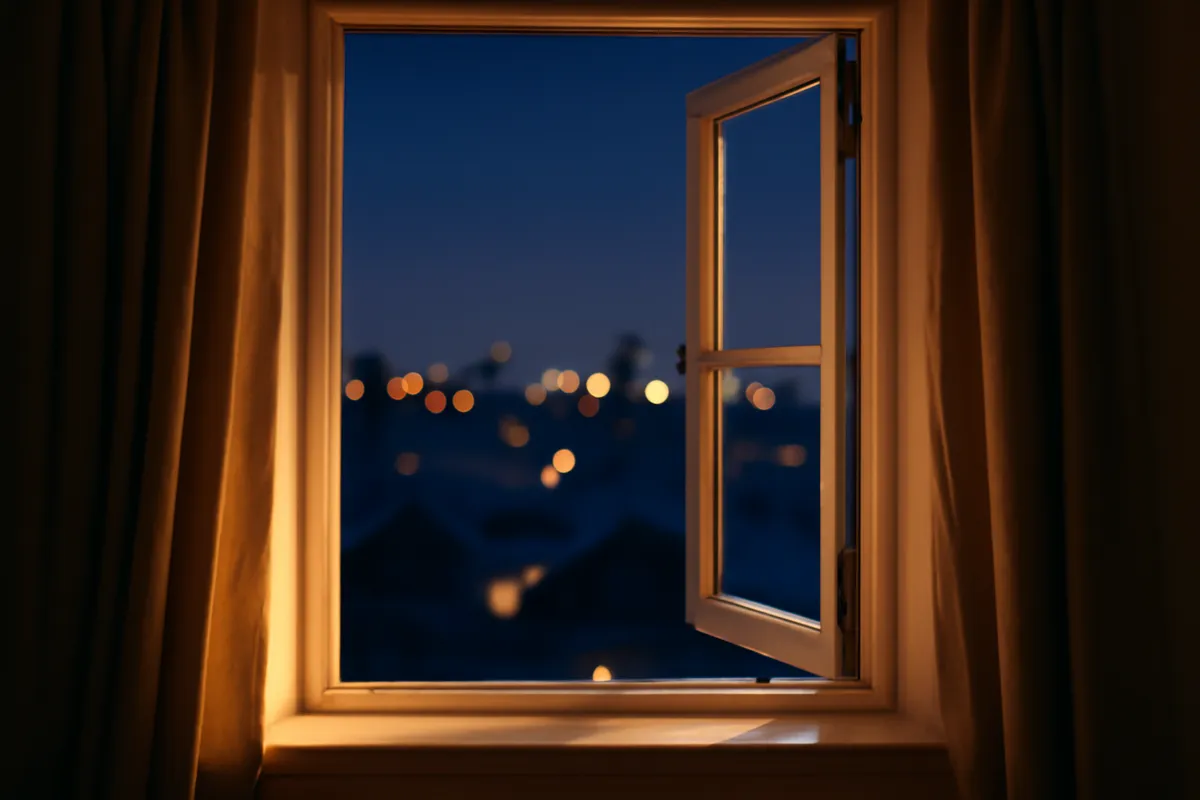 Open sash window at night looking out over city rooftops and lights