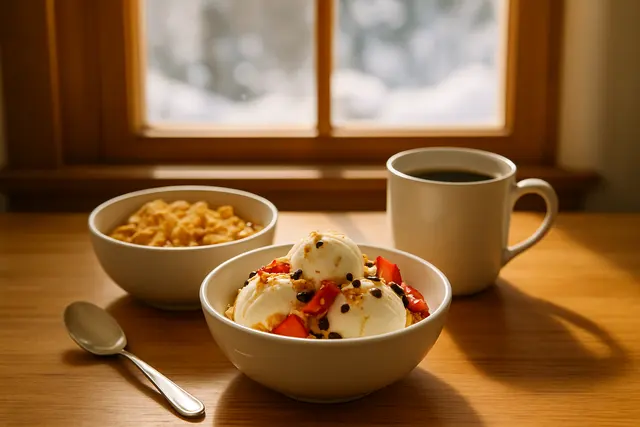 Breakfast table with a bowl of ice cream and toppings beside cereal and coffee, snow outside