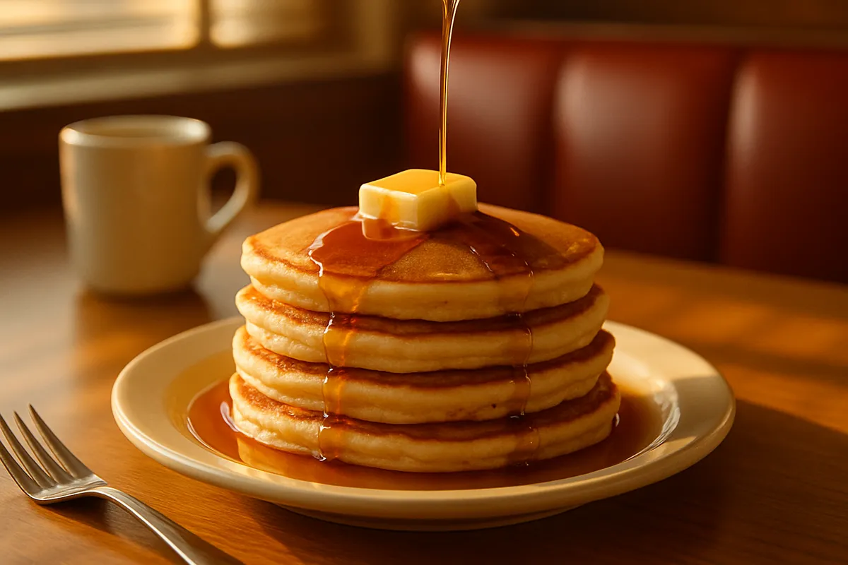 Stack of buttermilk pancakes with butter melting on top and syrup being poured over