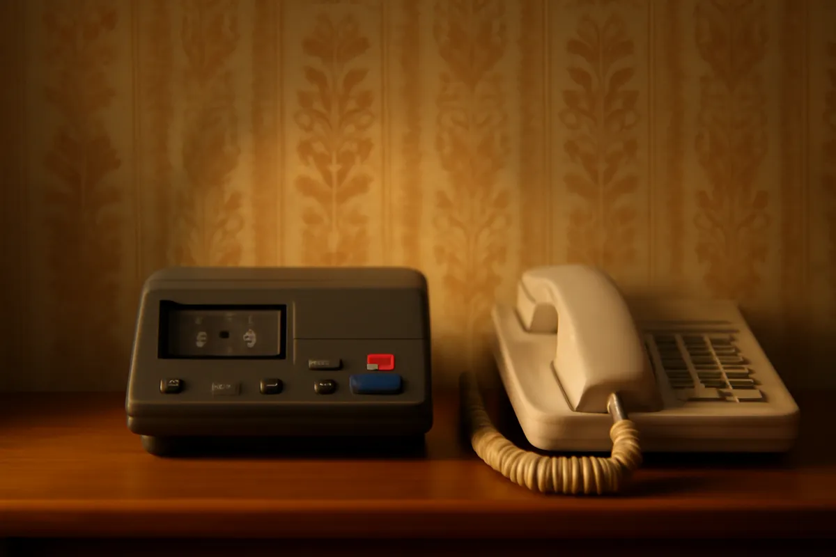 Old cassette answering machine beside a corded telephone on a hallway table